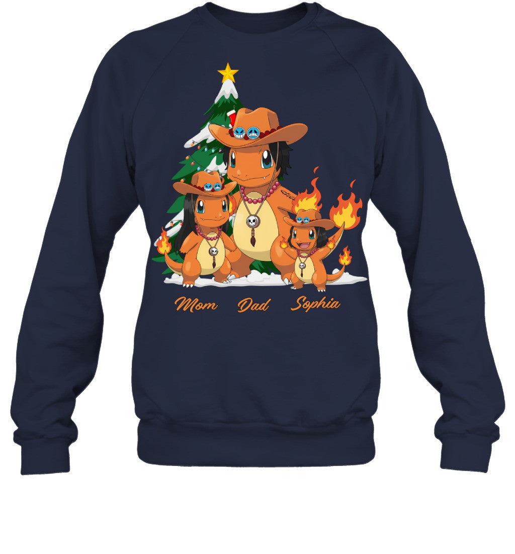 Charmander x Portgas D. Ace Parents & Daughter Custom Name Christmas T-Shirt for Family