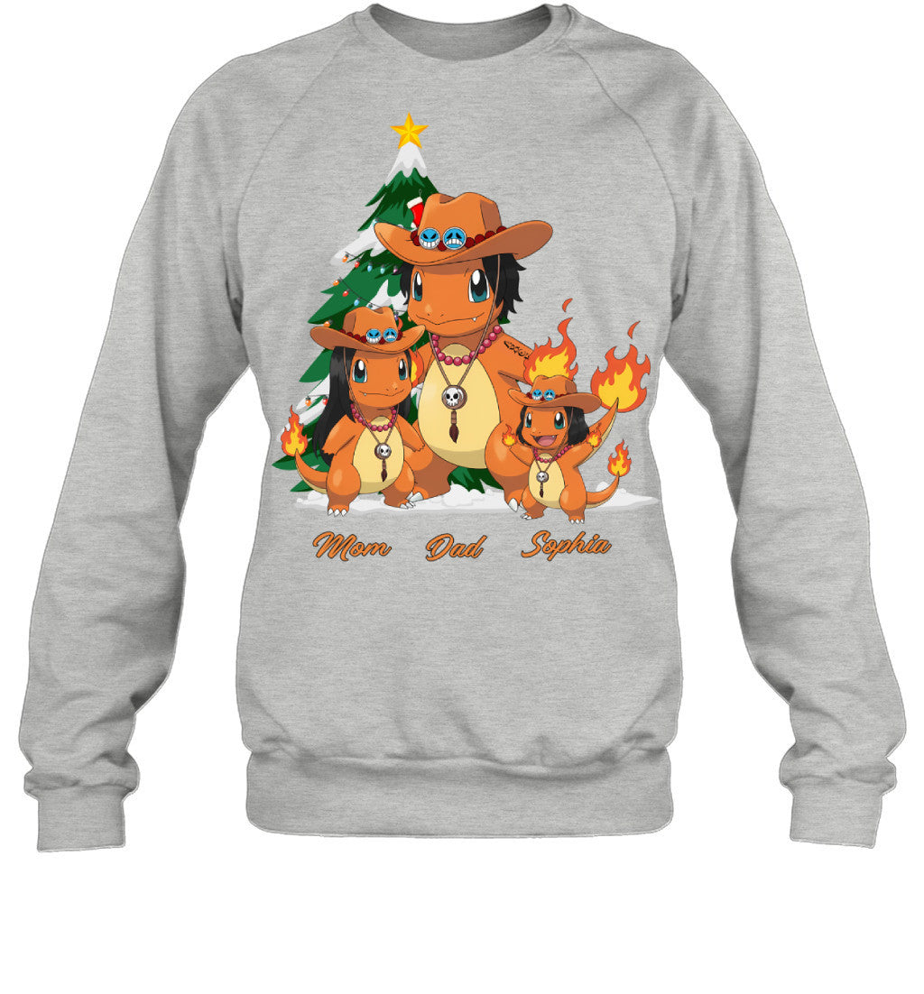 Charmander x Portgas D. Ace Parents & Daughter Custom Name Christmas T-Shirt for Family