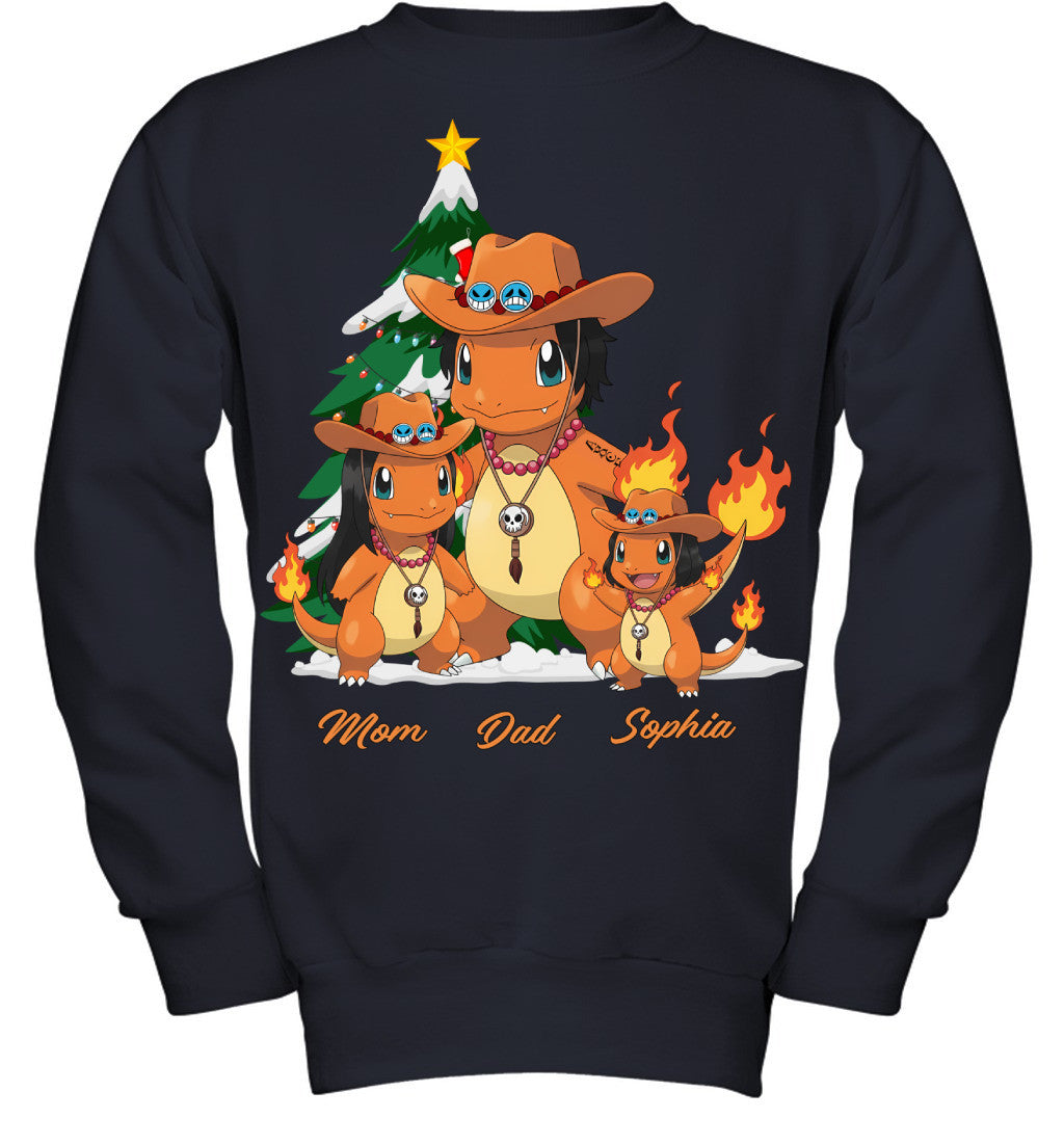 Charmander x Portgas D. Ace Parents & Daughter Custom Name Christmas T-Shirt for Family