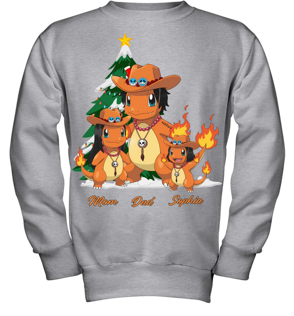 Charmander x Portgas D. Ace Parents & Daughter Custom Name Christmas T-Shirt for Family