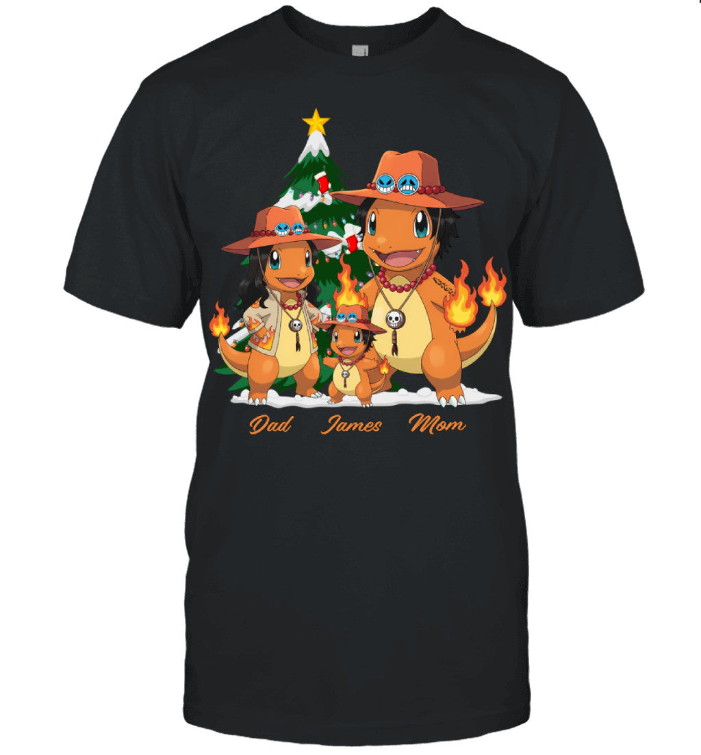 Charmander x Portgas D. Ace Parents & Son Custom Name Christmas T-Shirt for Family