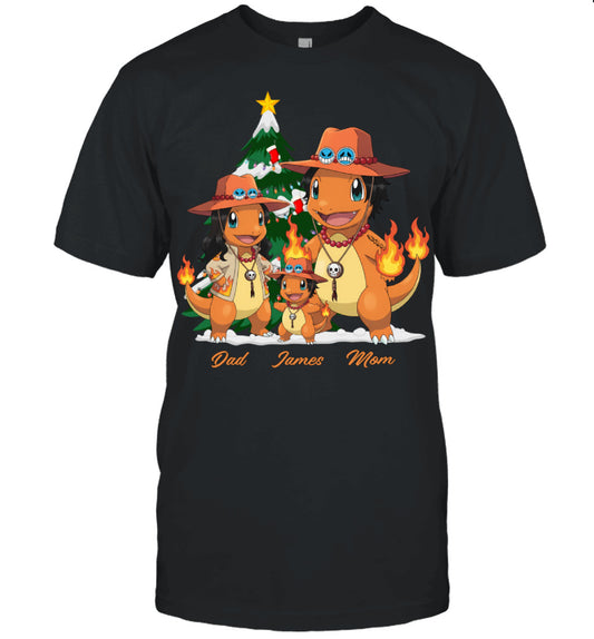 Charmander x Portgas D. Ace Parents & Son Custom Name Christmas T-Shirt for Family