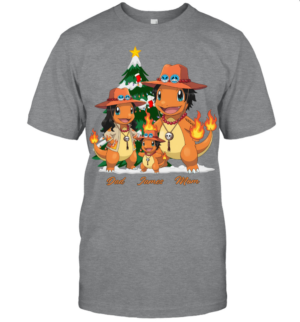 Charmander x Portgas D. Ace Parents & Son Custom Name Christmas T-Shirt for Family