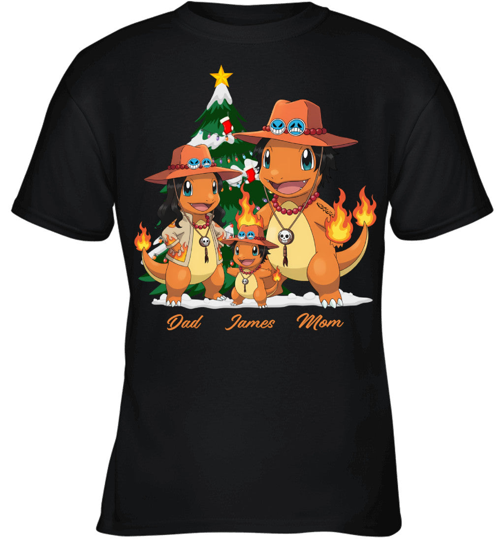 Charmander x Portgas D. Ace Parents & Son Custom Name Christmas T-Shirt for Family