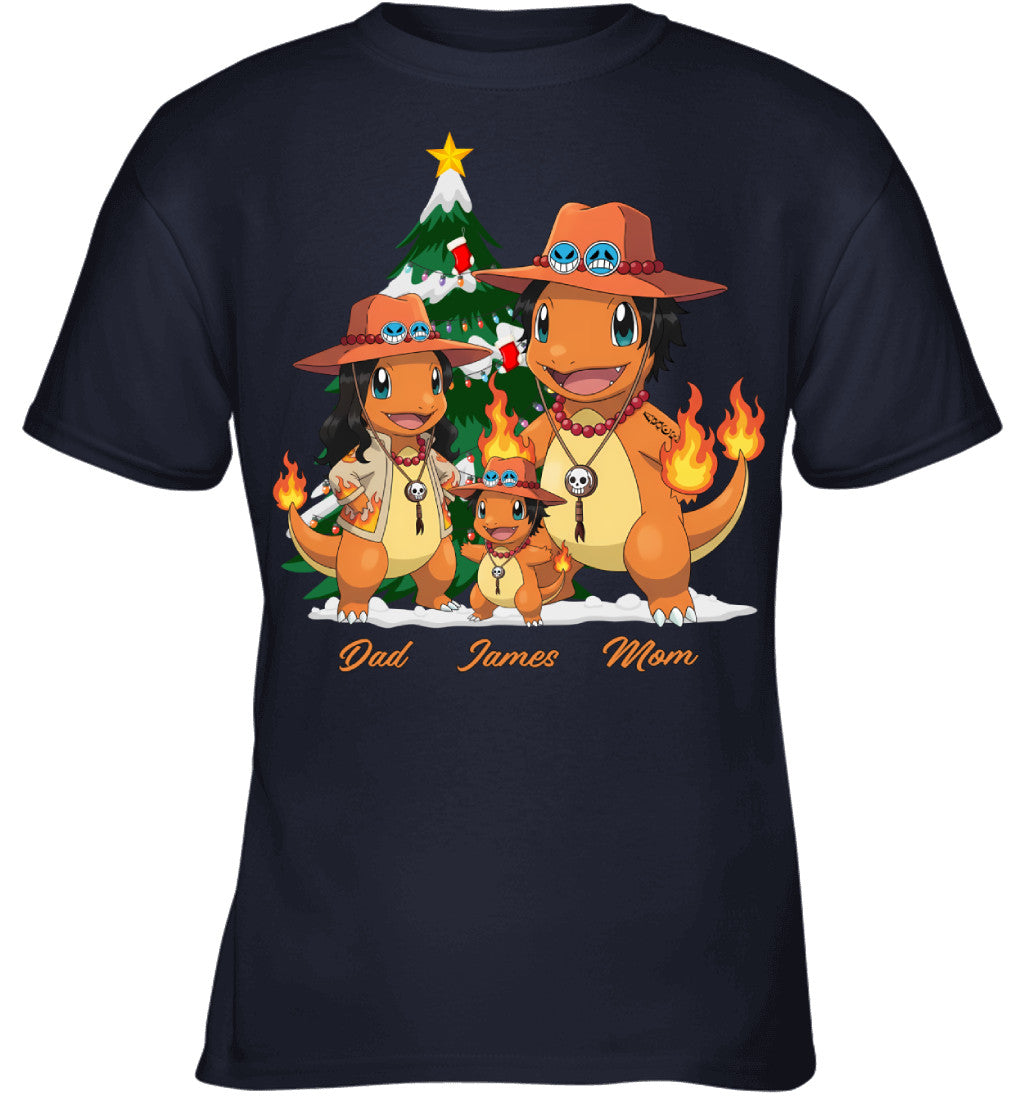 Charmander x Portgas D. Ace Parents & Son Custom Name Christmas T-Shirt for Family