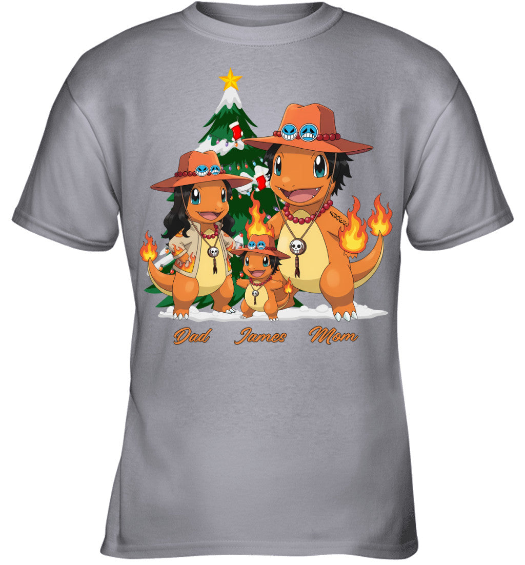Charmander x Portgas D. Ace Parents & Son Custom Name Christmas T-Shirt for Family