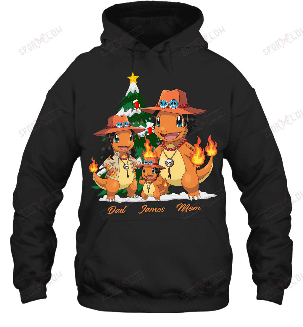 Charmander x Portgas D. Ace Parents & Son Custom Name Christmas T-Shirt for Family
