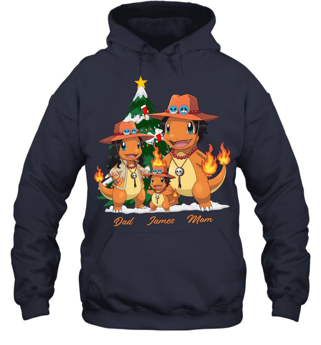 Charmander x Portgas D. Ace Parents & Son Custom Name Christmas T-Shirt for Family