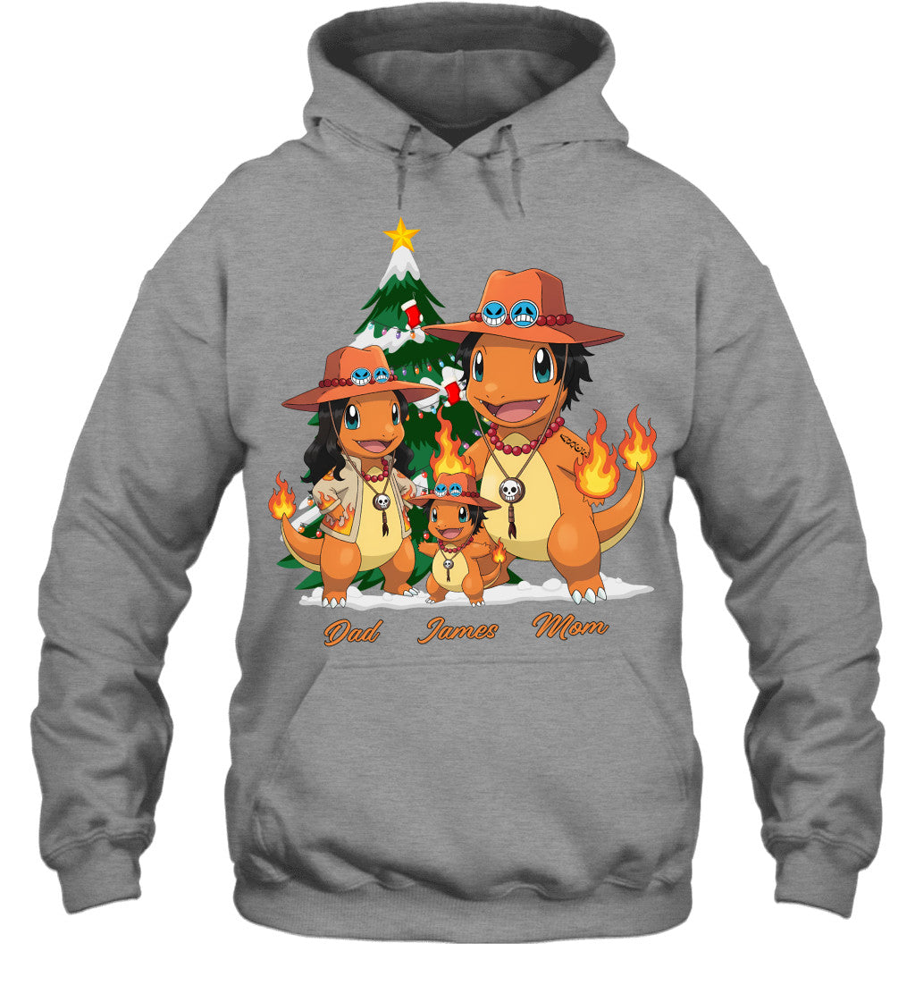 Charmander x Portgas D. Ace Parents & Son Custom Name Christmas T-Shirt for Family