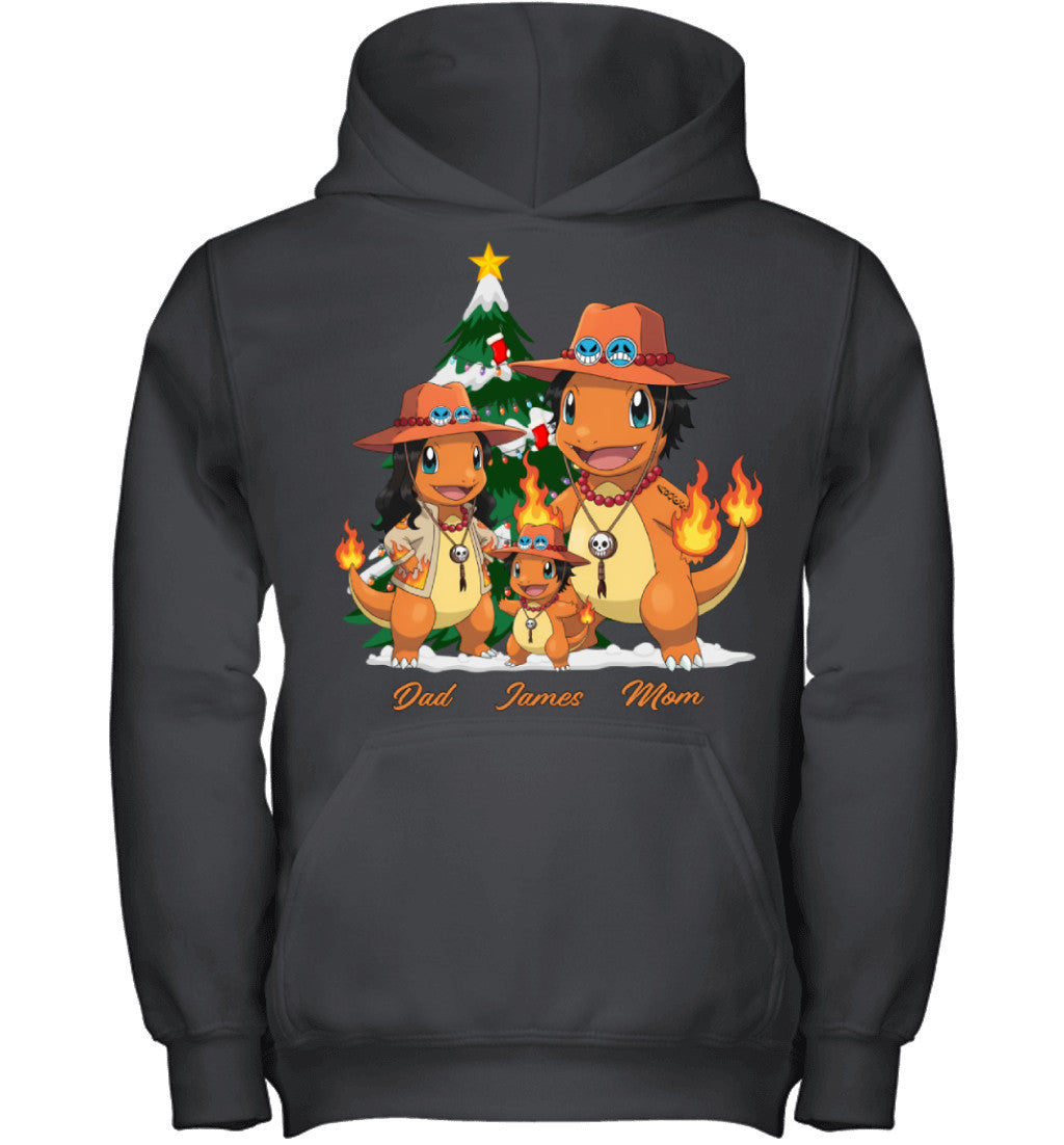 Charmander x Portgas D. Ace Parents & Son Custom Name Christmas T-Shirt for Family