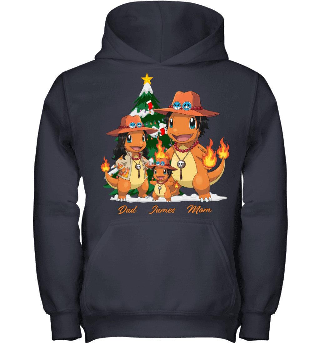 Charmander x Portgas D. Ace Parents & Son Custom Name Christmas T-Shirt for Family