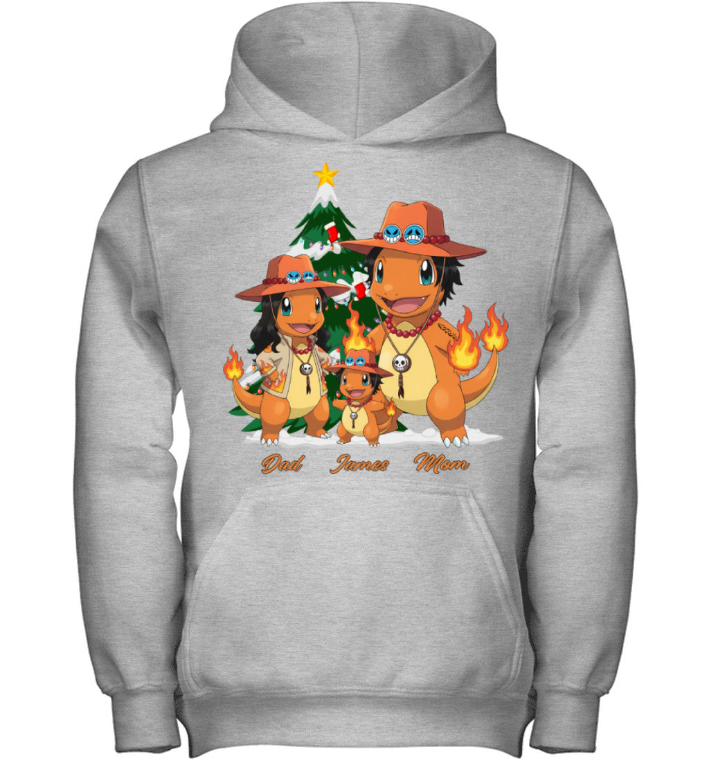 Charmander x Portgas D. Ace Parents & Son Custom Name Christmas T-Shirt for Family