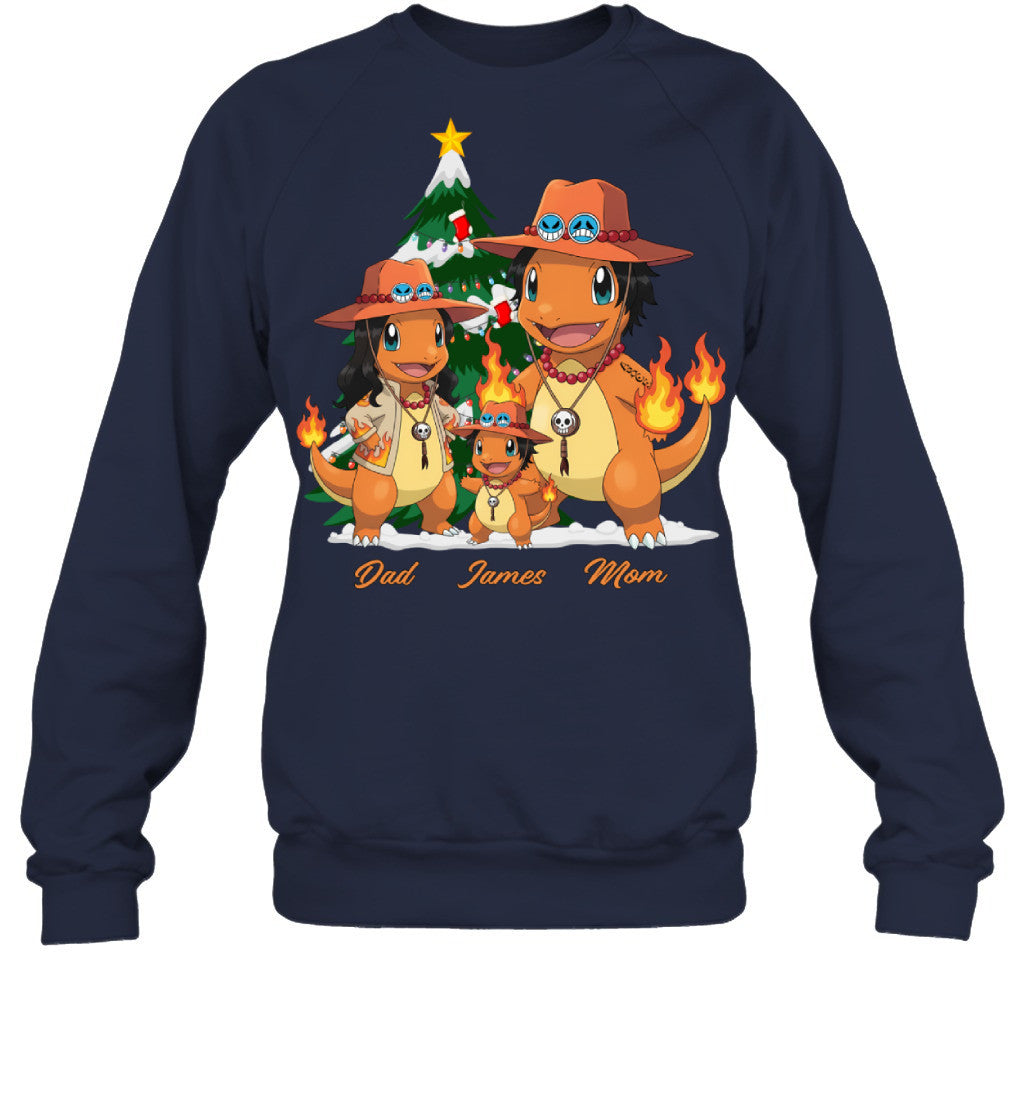 Charmander x Portgas D. Ace Parents & Son Custom Name Christmas T-Shirt for Family
