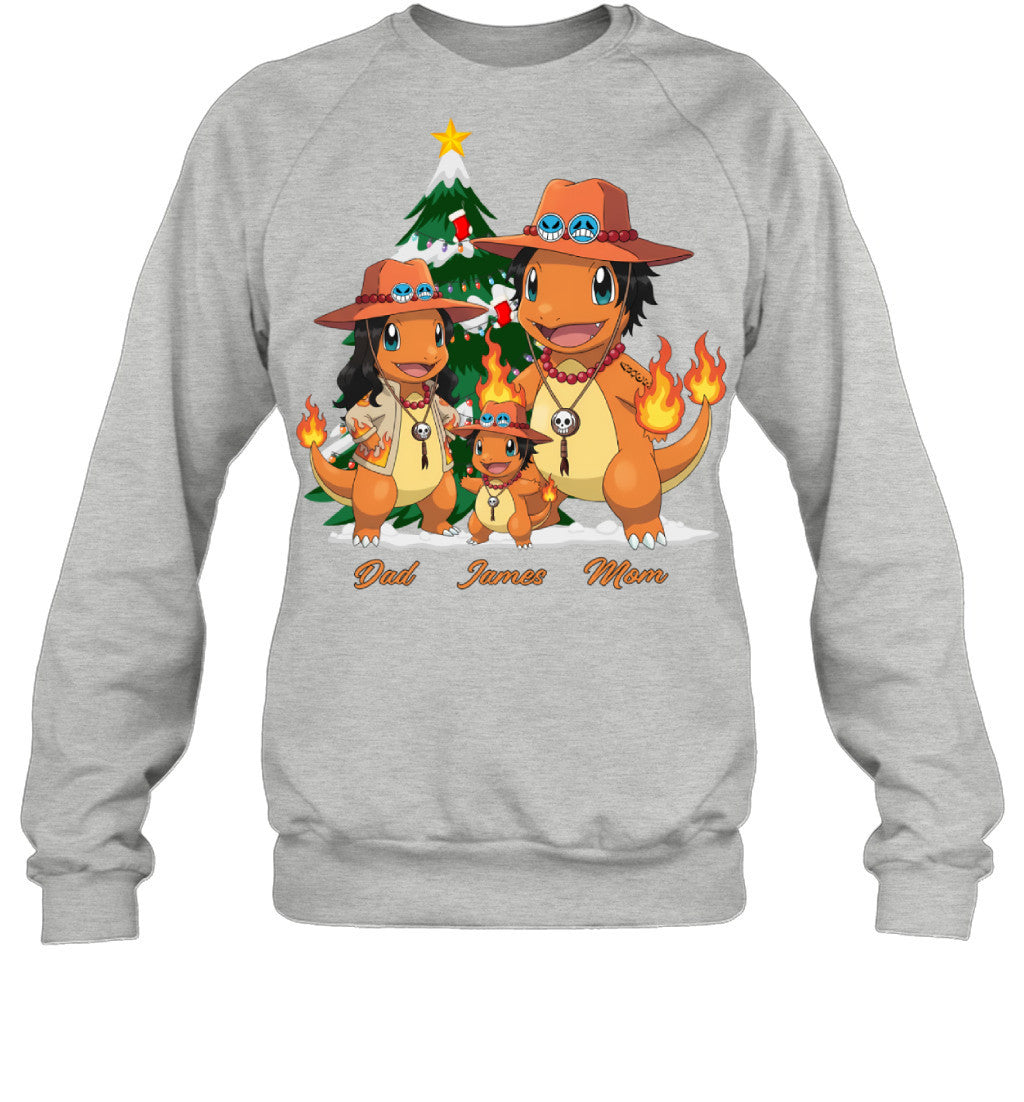 Charmander x Portgas D. Ace Parents & Son Custom Name Christmas T-Shirt for Family