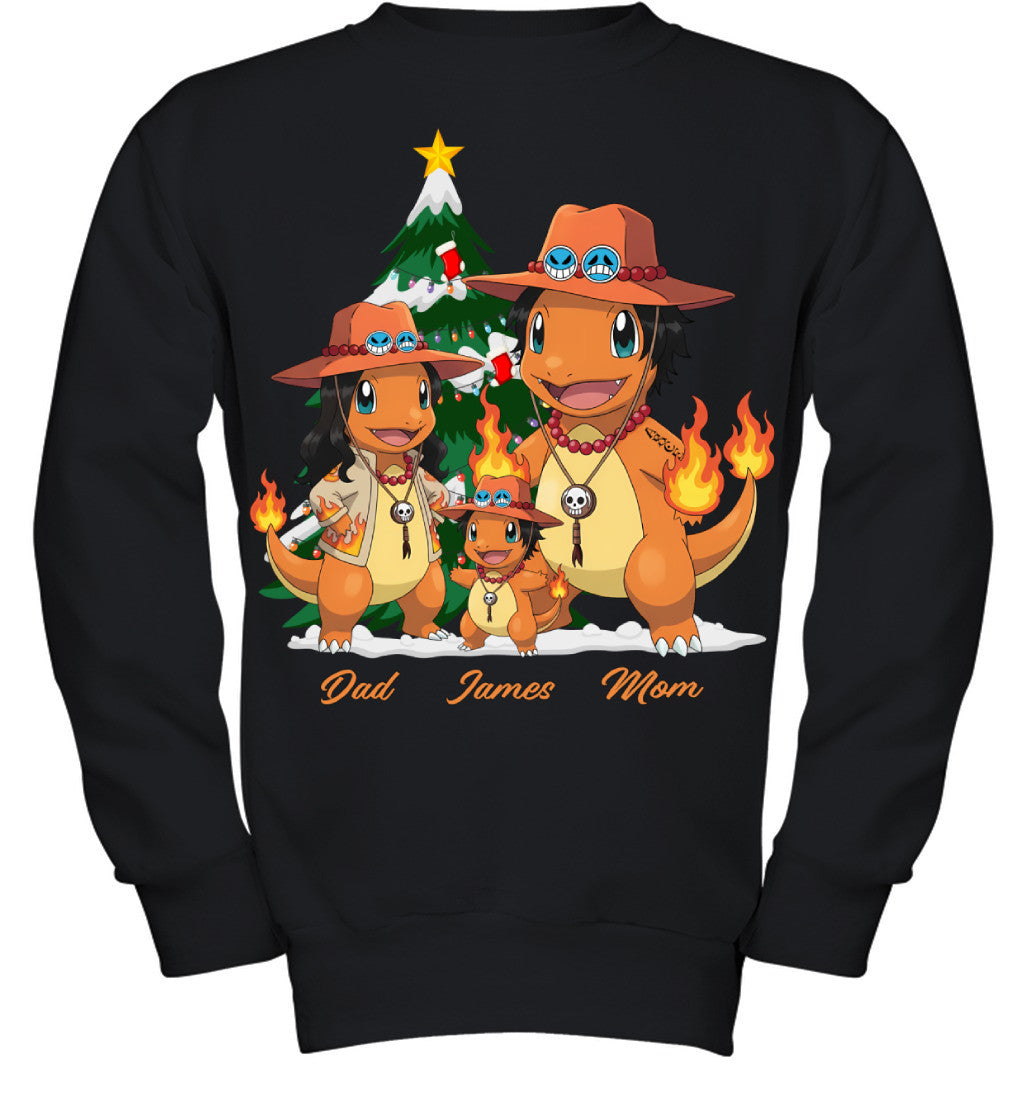 Charmander x Portgas D. Ace Parents & Son Custom Name Christmas T-Shirt for Family