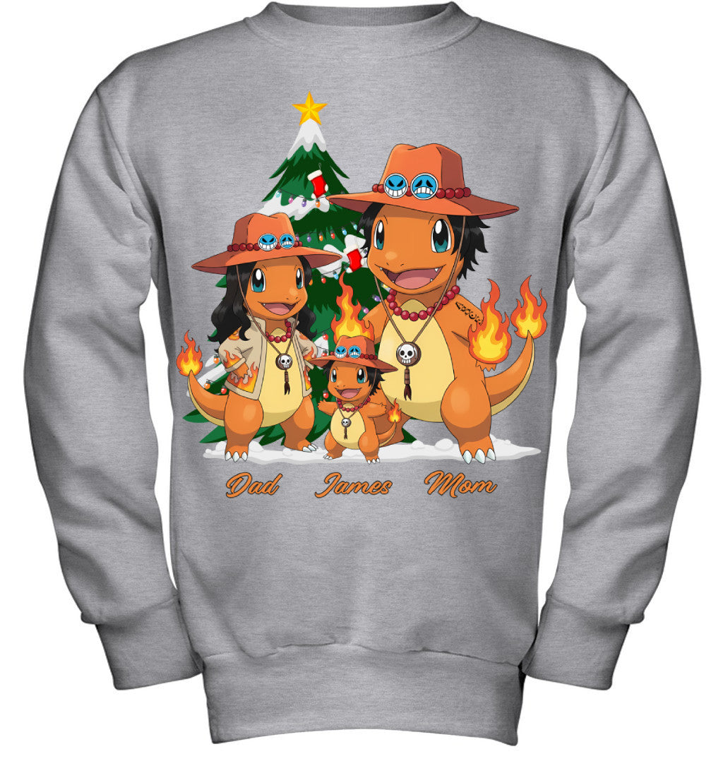 Charmander x Portgas D. Ace Parents & Son Custom Name Christmas T-Shirt for Family