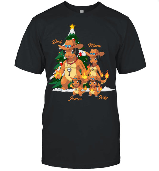Charmander x Portgas D. Ace Parents & Kids Custom Name Christmas T-Shirt for Family