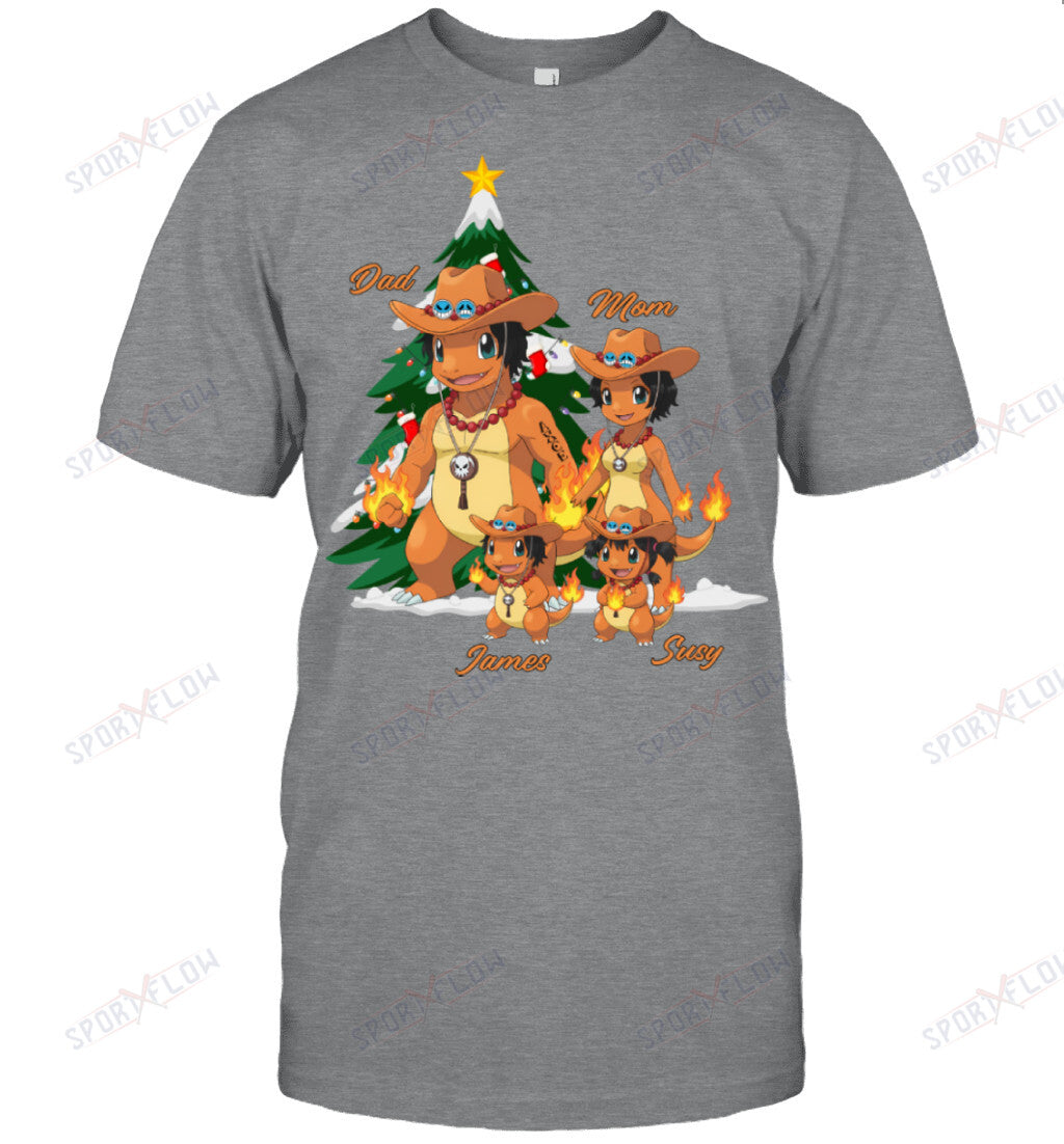 Charmander x Portgas D. Ace Parents & Kids Custom Name Christmas T-Shirt for Family