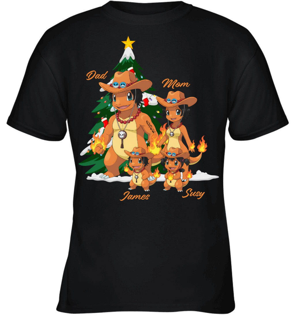 Charmander x Portgas D. Ace Parents & Kids Custom Name Christmas T-Shirt for Family