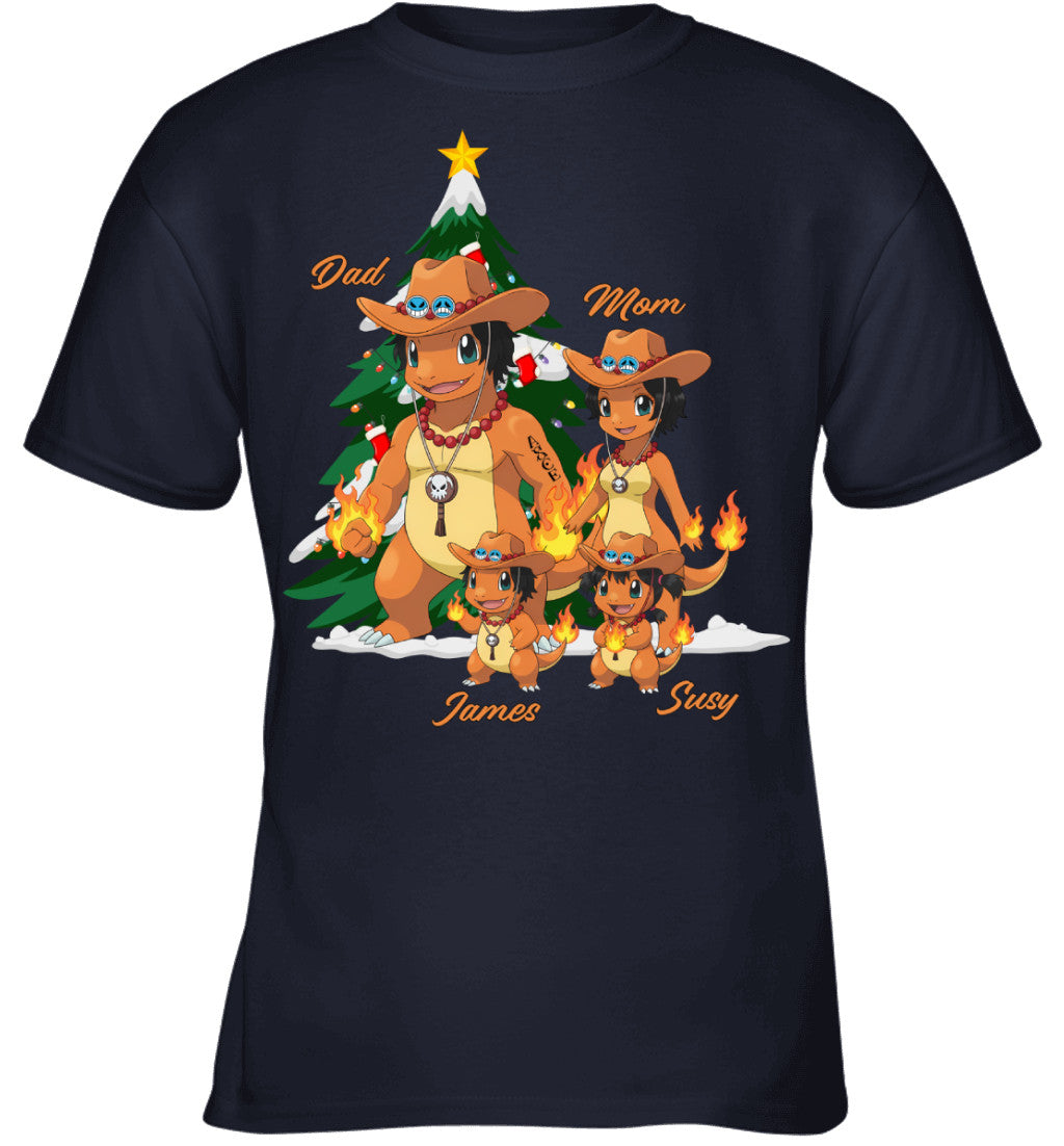 Charmander x Portgas D. Ace Parents & Kids Custom Name Christmas T-Shirt for Family
