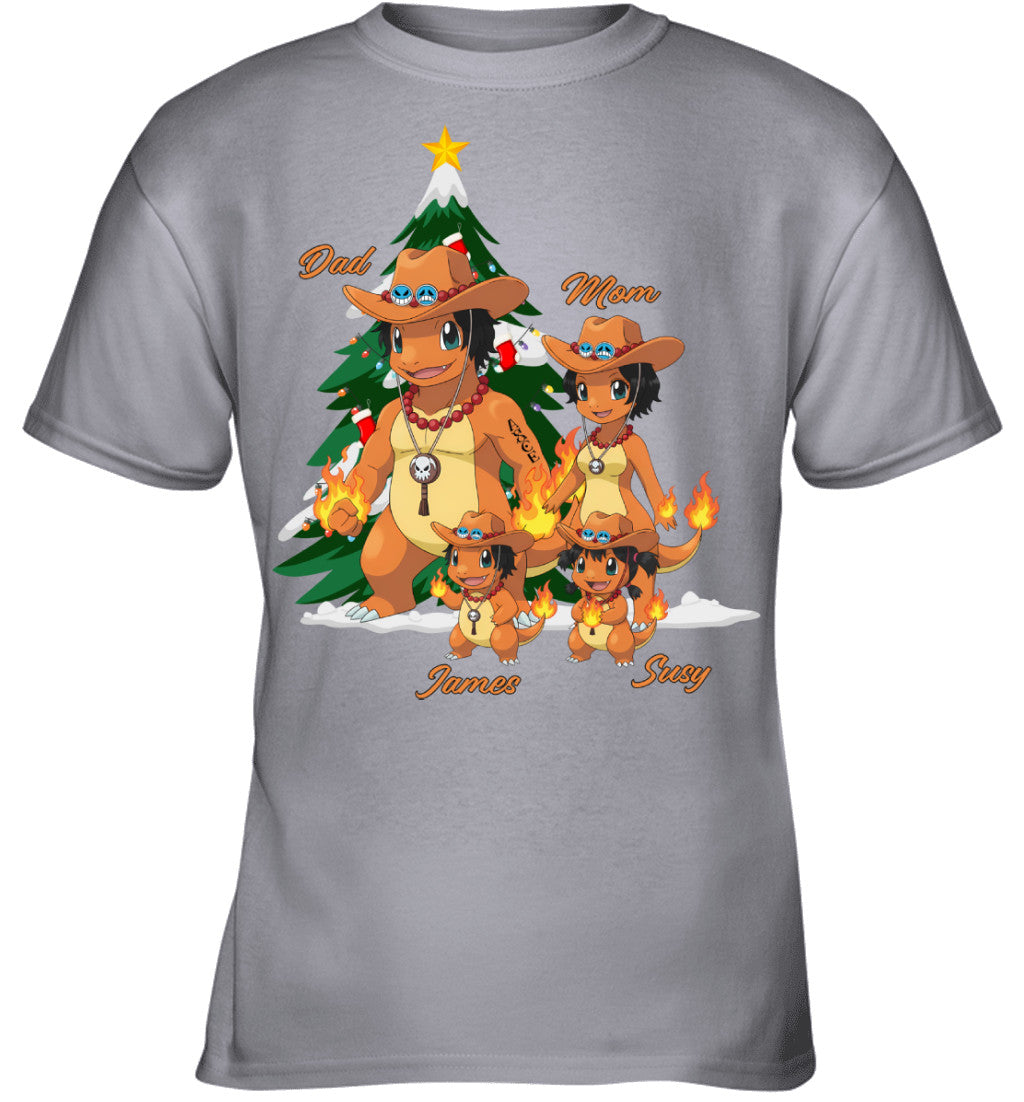 Charmander x Portgas D. Ace Parents & Kids Custom Name Christmas T-Shirt for Family