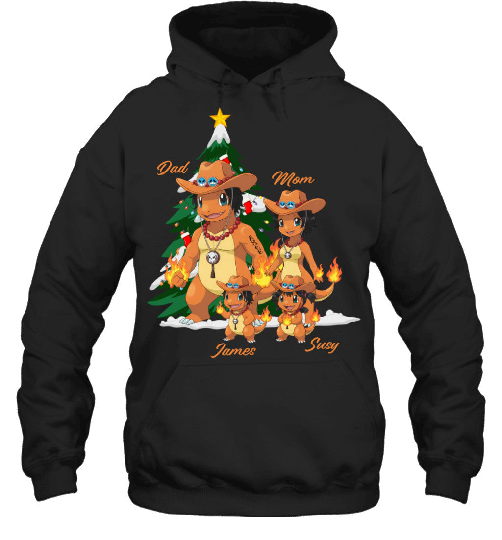 Charmander x Portgas D. Ace Parents & Kids Custom Name Christmas T-Shirt for Family