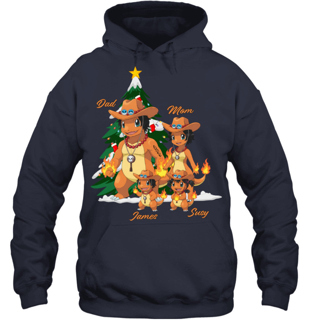 Charmander x Portgas D. Ace Parents & Kids Custom Name Christmas T-Shirt for Family