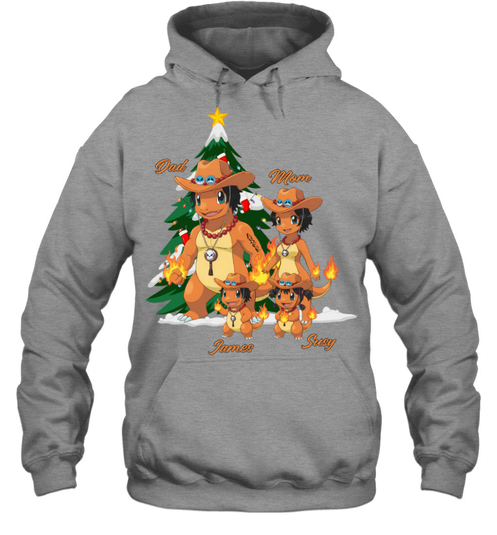 Charmander x Portgas D. Ace Parents & Kids Custom Name Christmas T-Shirt for Family