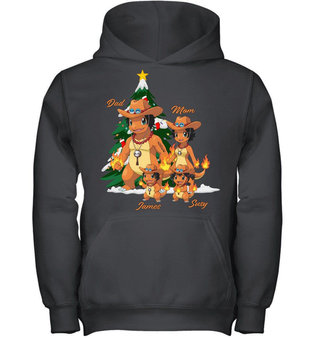 Charmander x Portgas D. Ace Parents & Kids Custom Name Christmas T-Shirt for Family