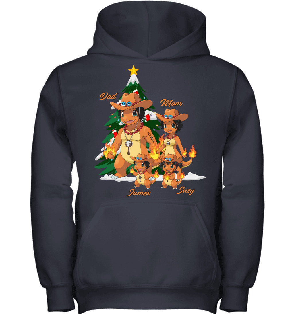 Charmander x Portgas D. Ace Parents & Kids Custom Name Christmas T-Shirt for Family