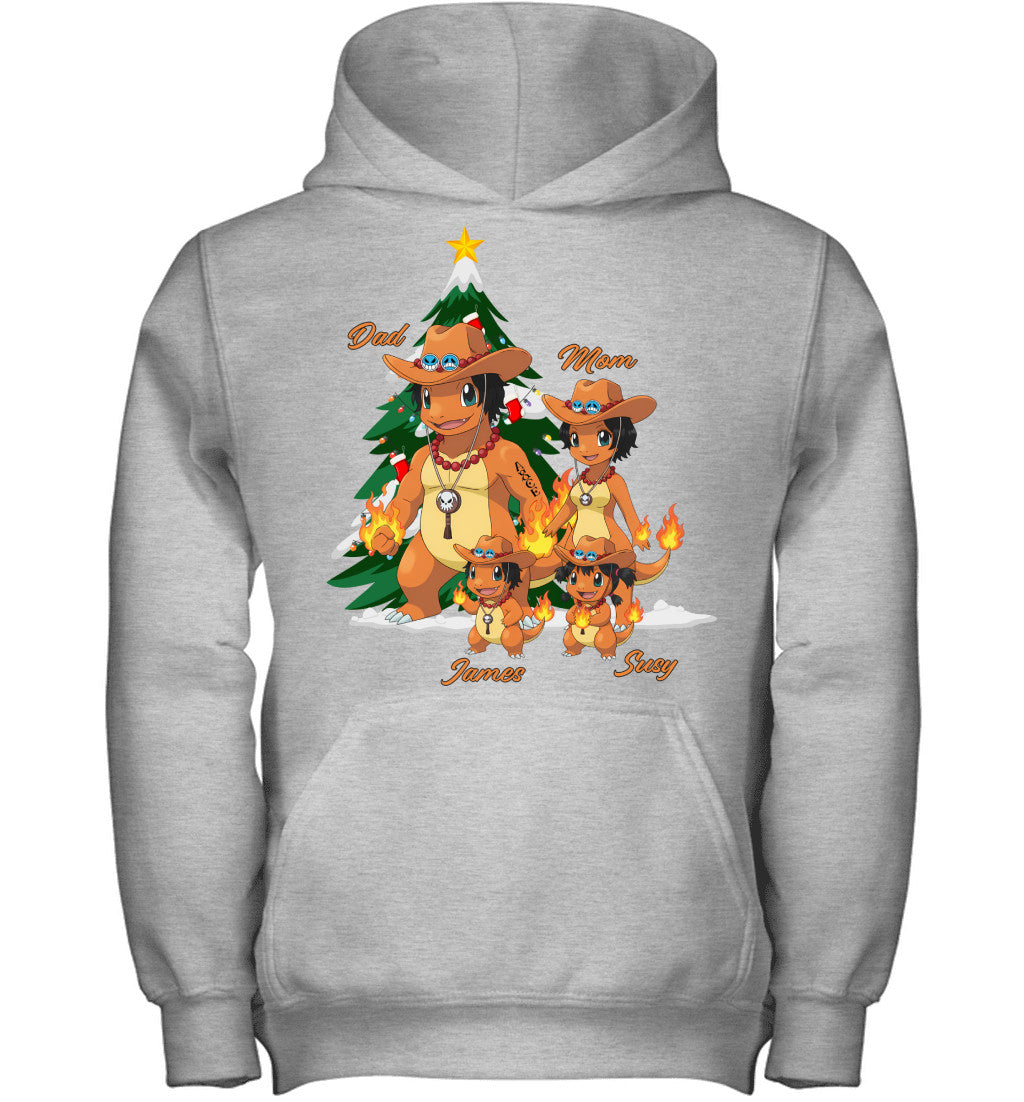 Charmander x Portgas D. Ace Parents & Kids Custom Name Christmas T-Shirt for Family