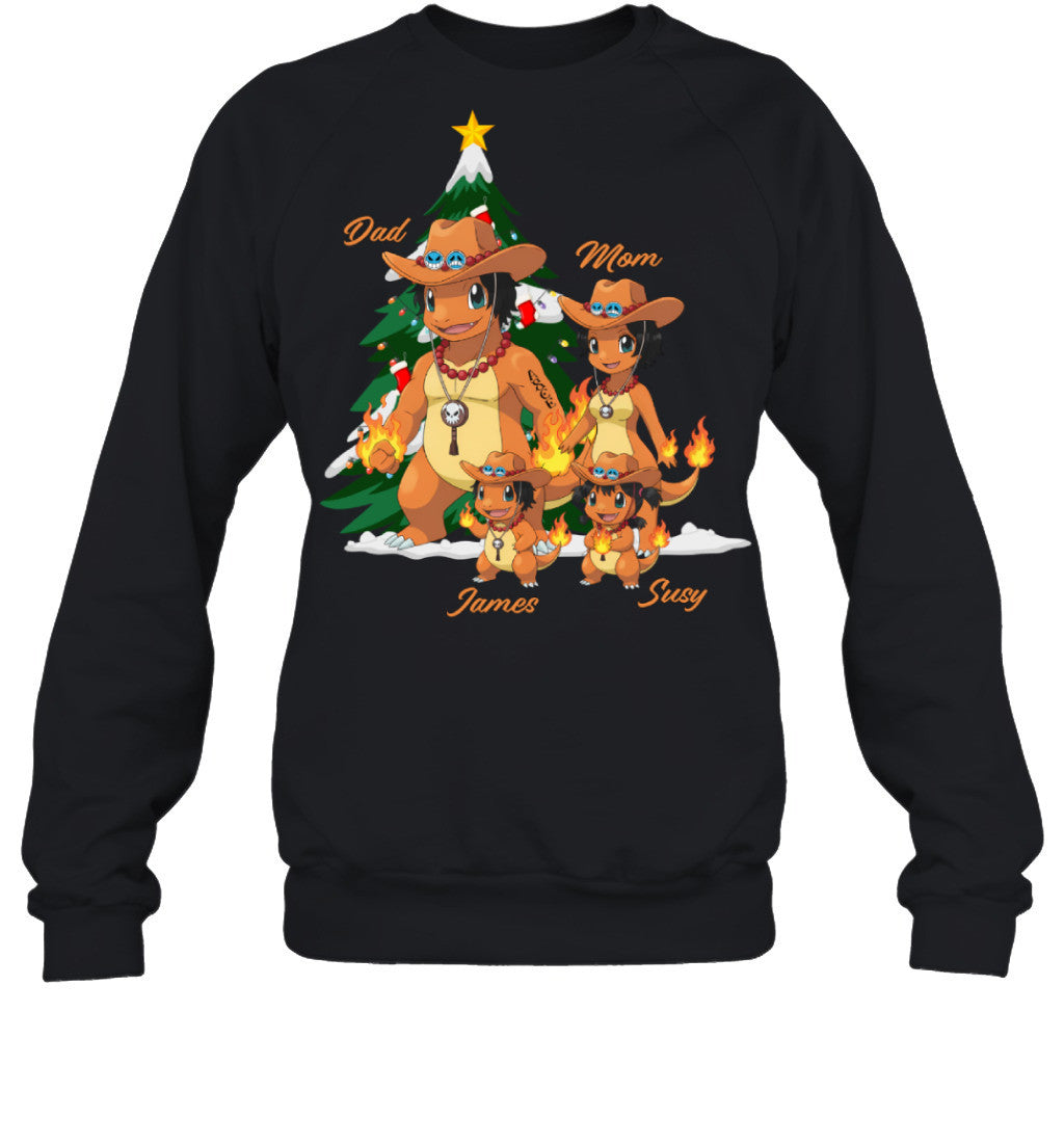 Charmander x Portgas D. Ace Parents & Kids Custom Name Christmas T-Shirt for Family