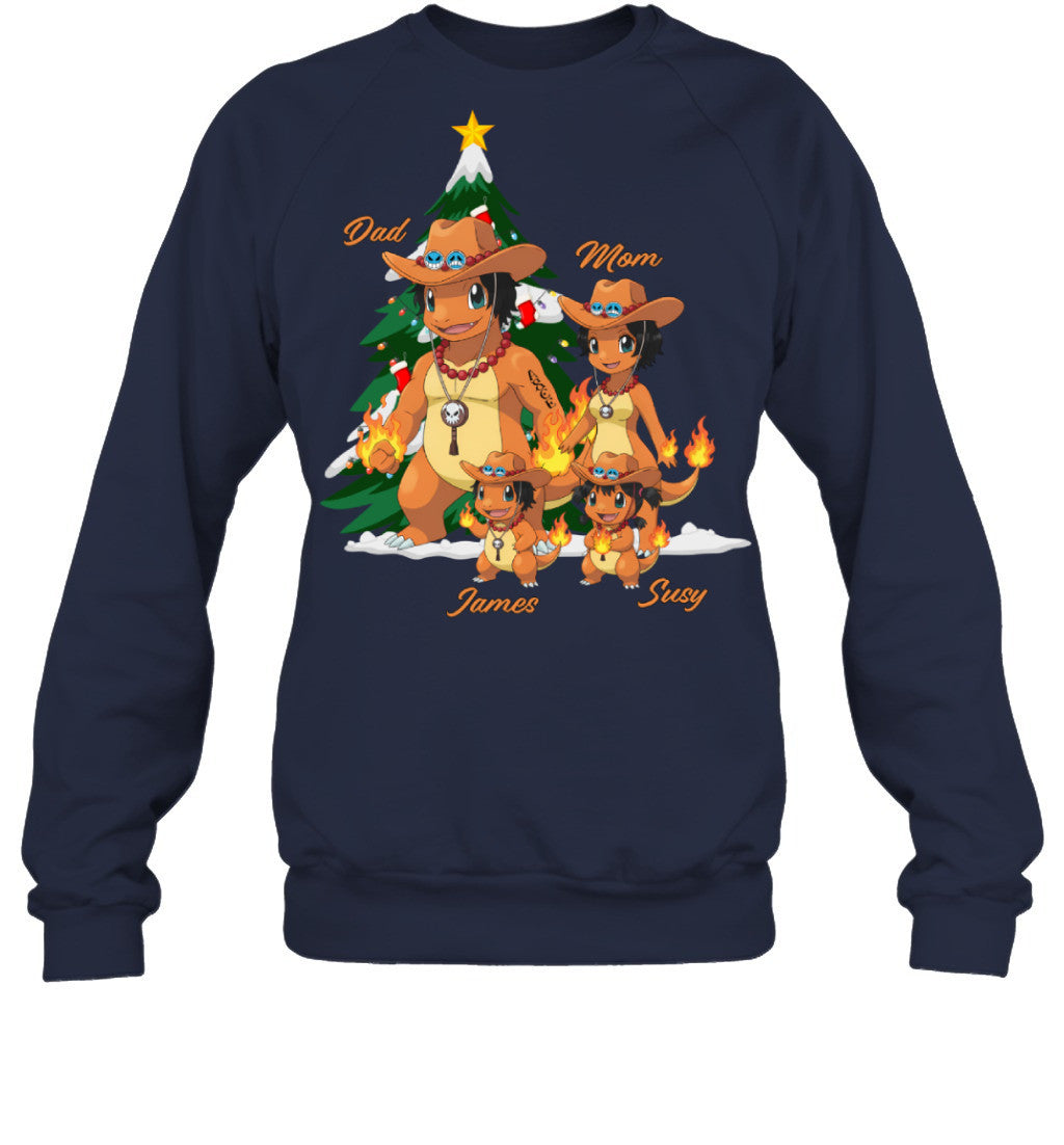 Charmander x Portgas D. Ace Parents & Kids Custom Name Christmas T-Shirt for Family