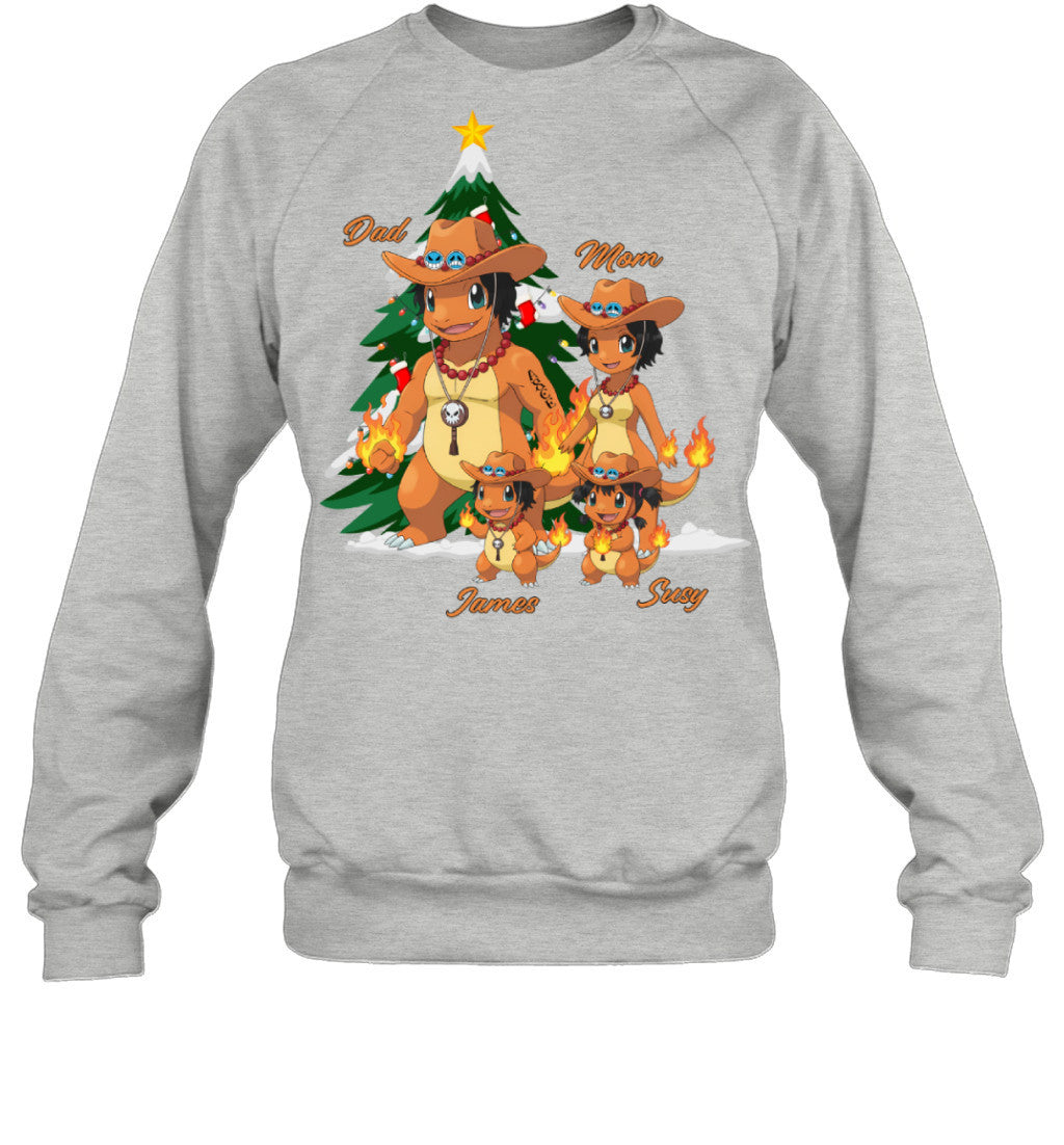 Charmander x Portgas D. Ace Parents & Kids Custom Name Christmas T-Shirt for Family