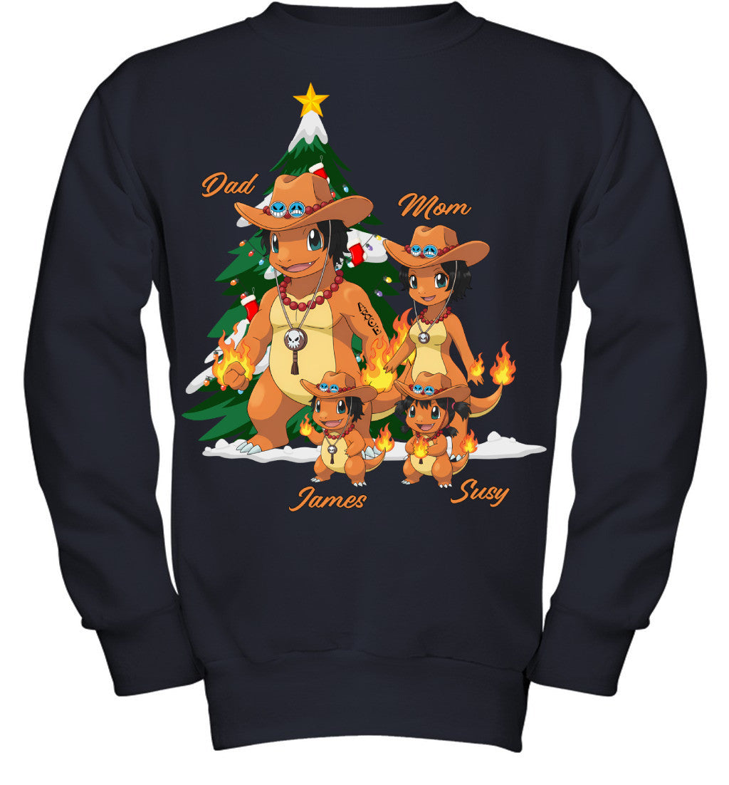 Charmander x Portgas D. Ace Parents & Kids Custom Name Christmas T-Shirt for Family