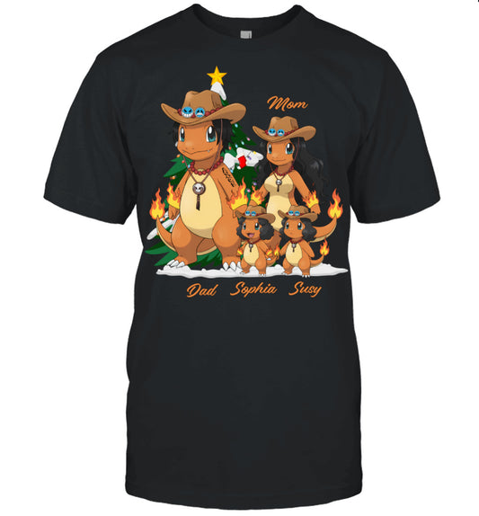 Charmander x Portgas D. Ace Parents & Daughters Custom Name Christmas T-Shirt for Family