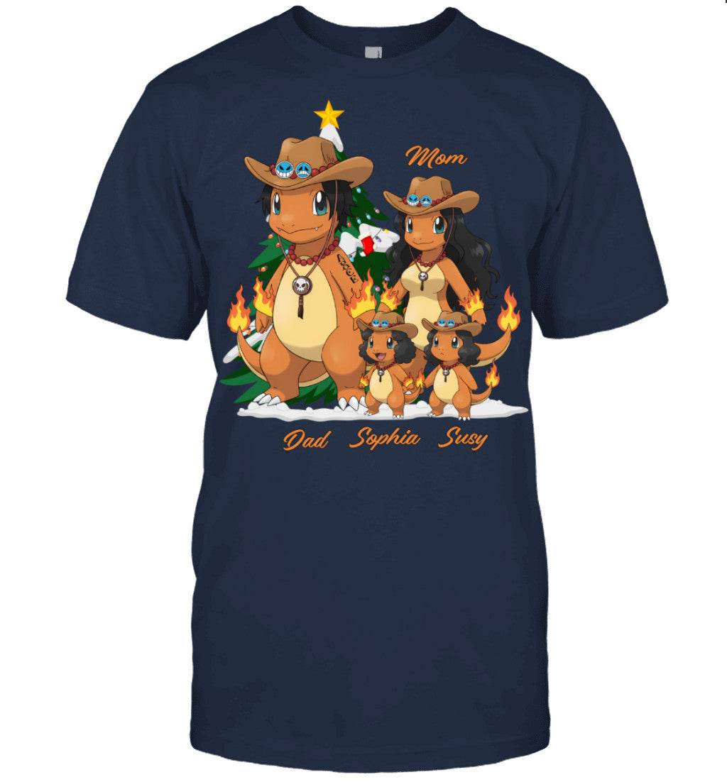 Charmander x Portgas D. Ace Parents & Daughters Custom Name Christmas T-Shirt for Family