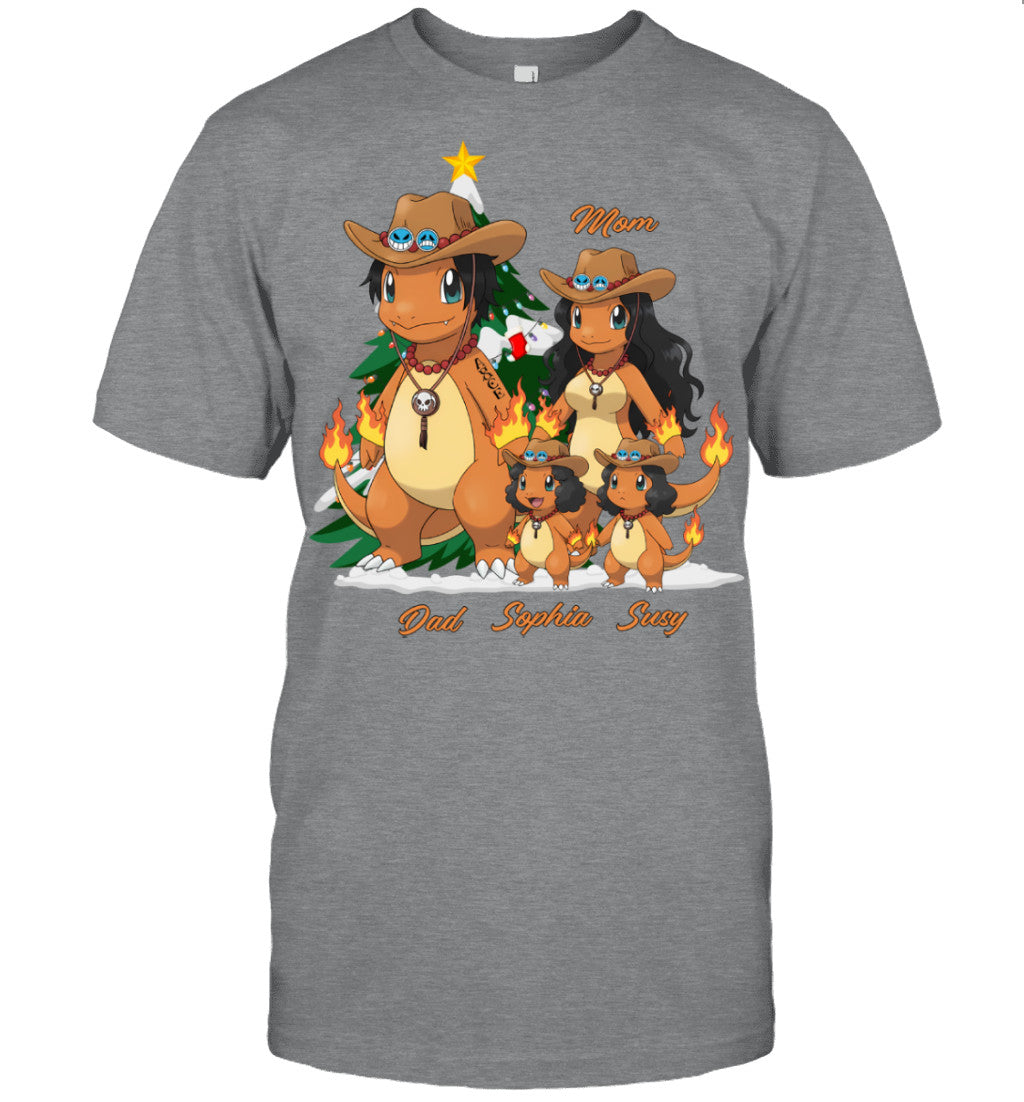 Charmander x Portgas D. Ace Parents & Daughters Custom Name Christmas T-Shirt for Family