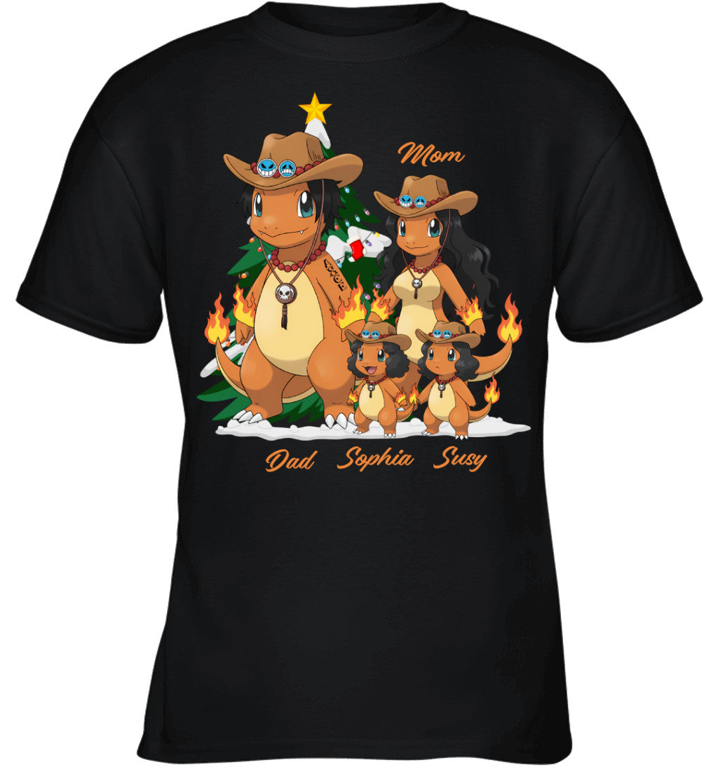 Charmander x Portgas D. Ace Parents & Daughters Custom Name Christmas T-Shirt for Family