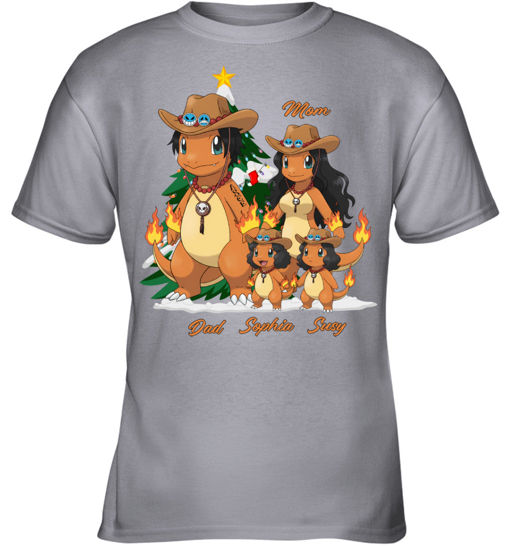 Charmander x Portgas D. Ace Parents & Daughters Custom Name Christmas T-Shirt for Family