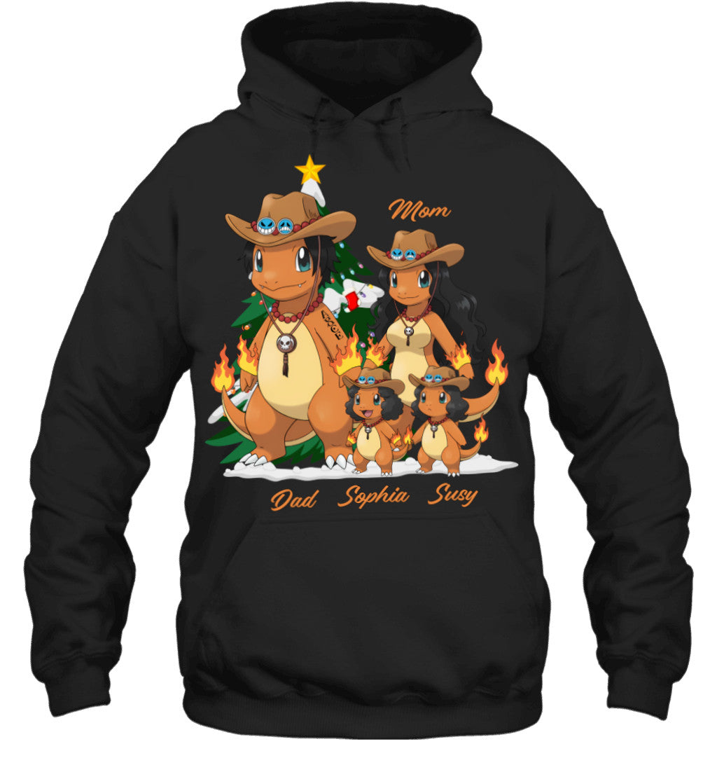Charmander x Portgas D. Ace Parents & Daughters Custom Name Christmas T-Shirt for Family