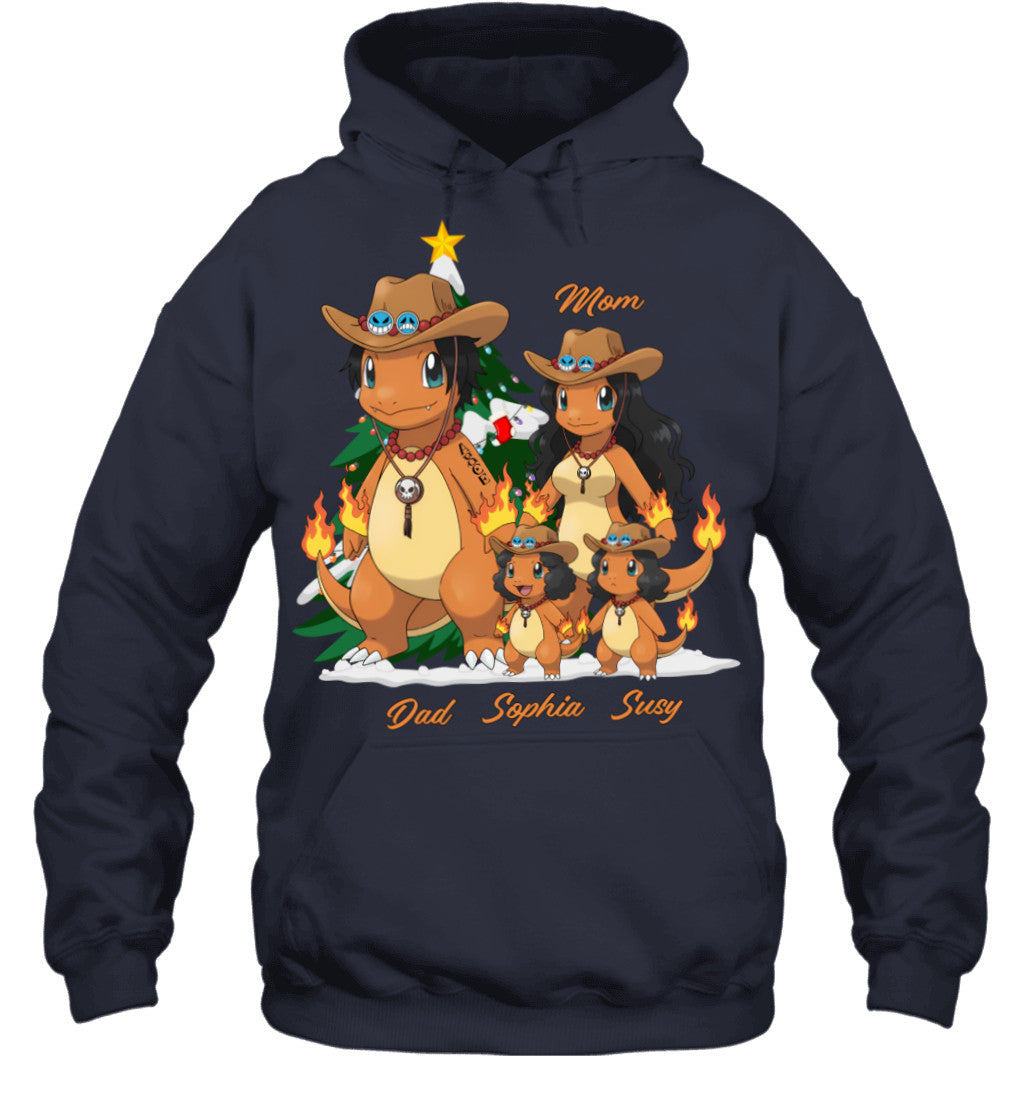 Charmander x Portgas D. Ace Parents & Daughters Custom Name Christmas T-Shirt for Family