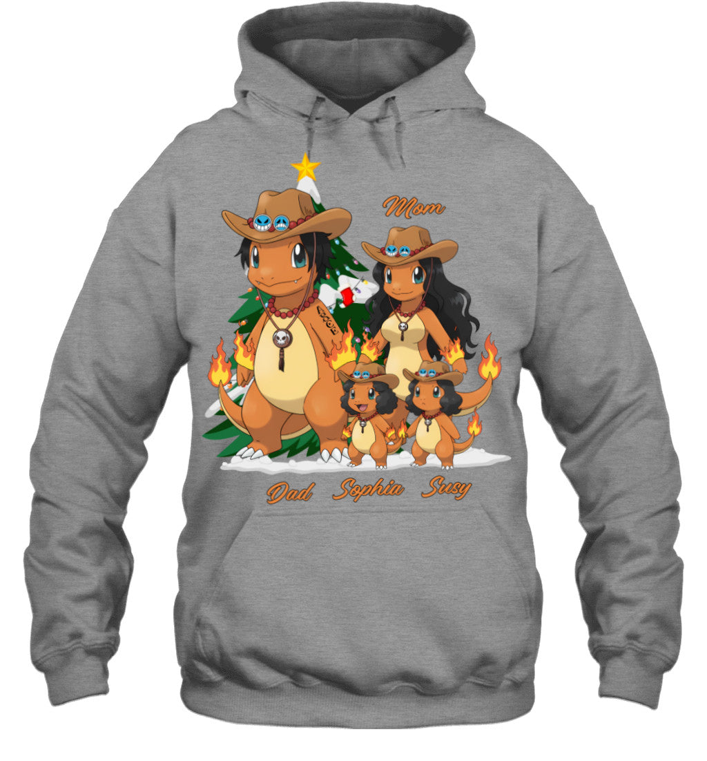 Charmander x Portgas D. Ace Parents & Daughters Custom Name Christmas T-Shirt for Family