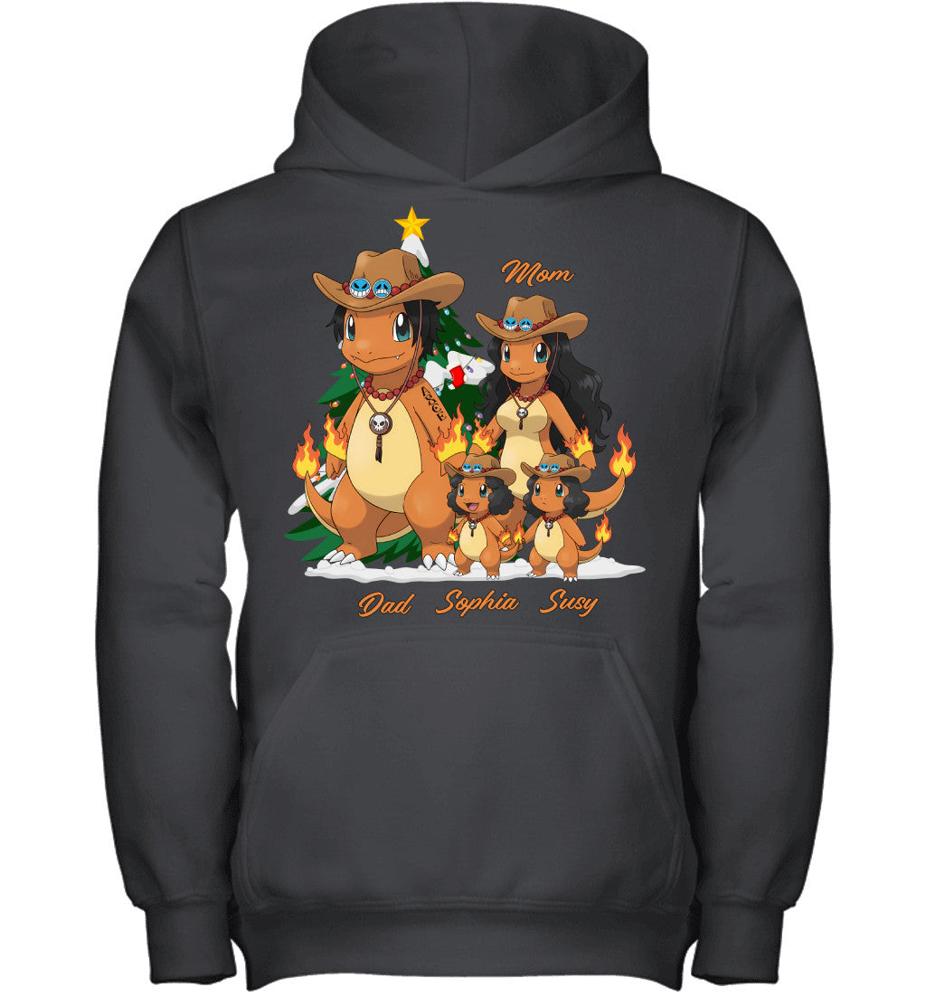Charmander x Portgas D. Ace Parents & Daughters Custom Name Christmas T-Shirt for Family