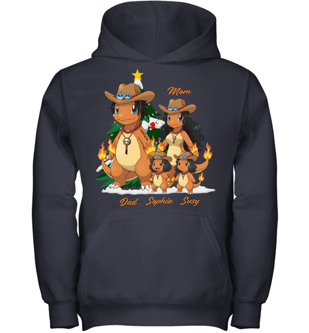 Charmander x Portgas D. Ace Parents & Daughters Custom Name Christmas T-Shirt for Family