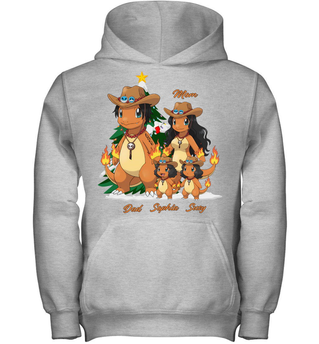 Charmander x Portgas D. Ace Parents & Daughters Custom Name Christmas T-Shirt for Family
