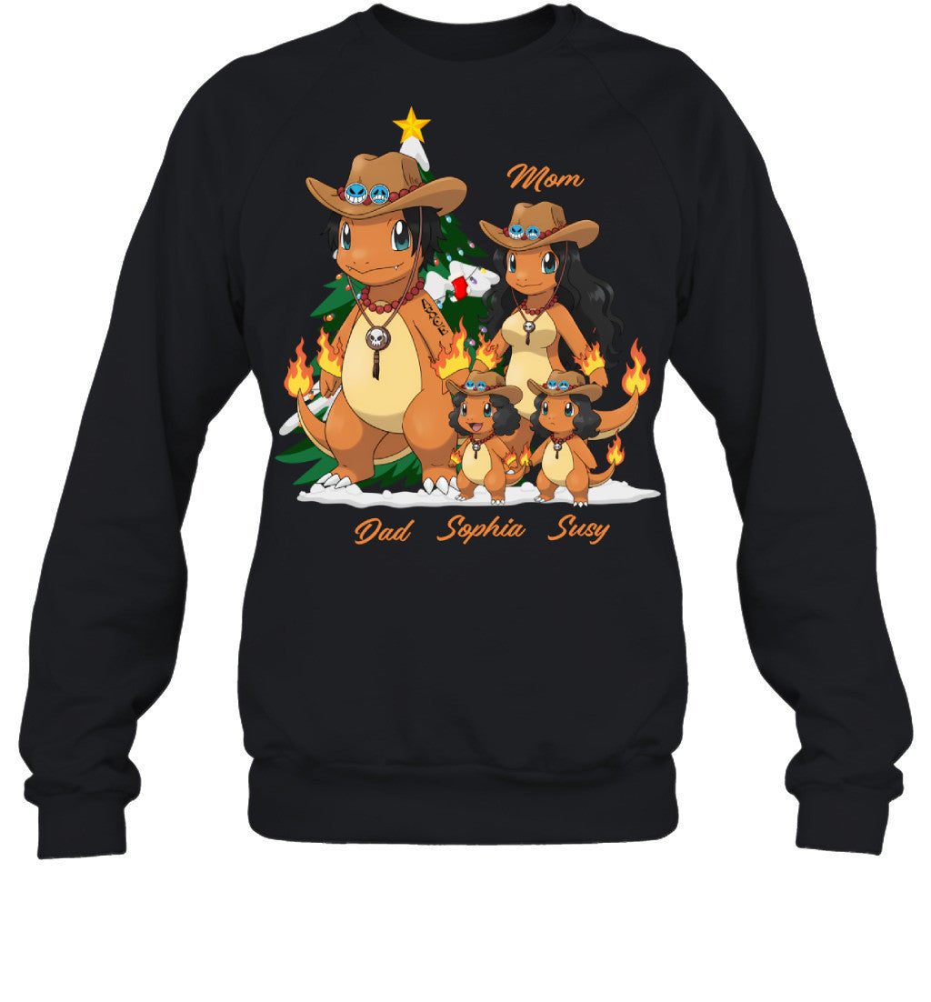 Charmander x Portgas D. Ace Parents & Daughters Custom Name Christmas T-Shirt for Family