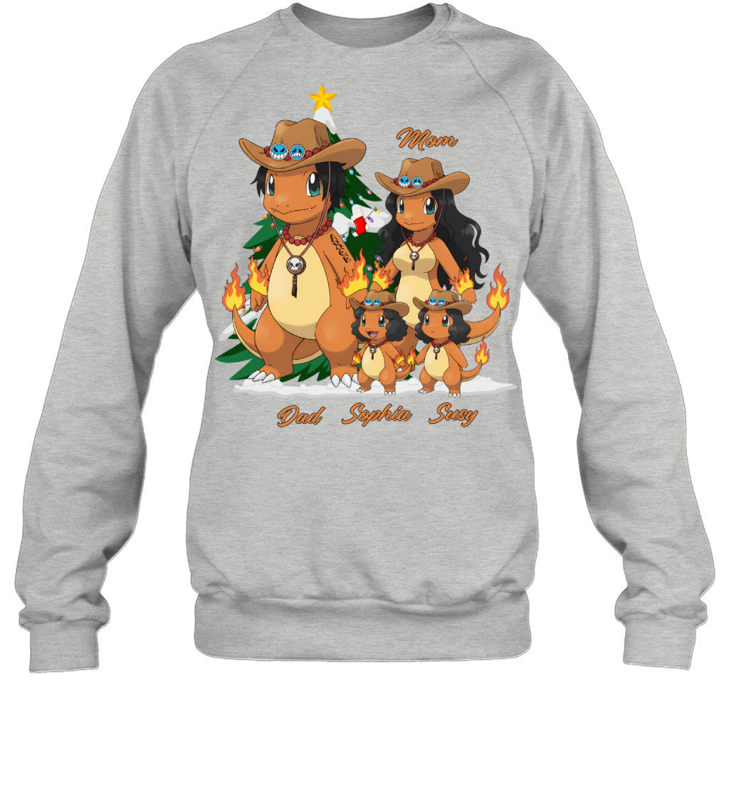 Charmander x Portgas D. Ace Parents & Daughters Custom Name Christmas T-Shirt for Family