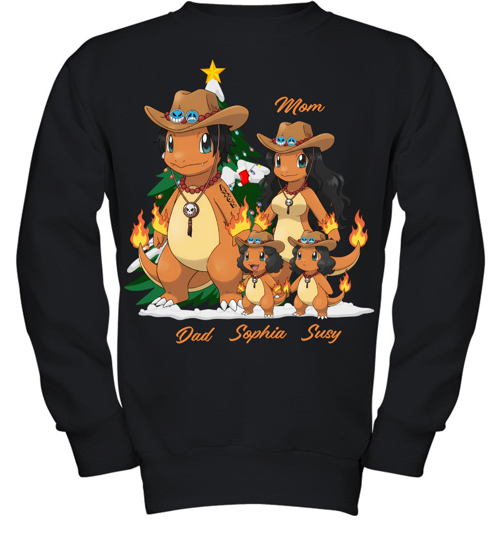 Charmander x Portgas D. Ace Parents & Daughters Custom Name Christmas T-Shirt for Family