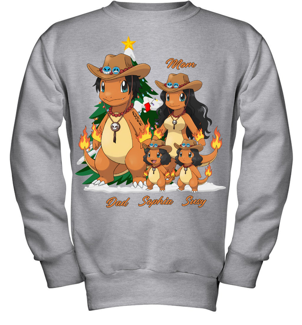 Charmander x Portgas D. Ace Parents & Daughters Custom Name Christmas T-Shirt for Family